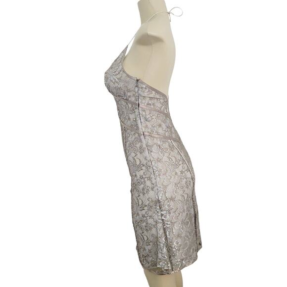 Express Slip Dress Womens 4 Champagne Lace Sequin Halter Semi-Sheer Y2K - Picture 3 of 16